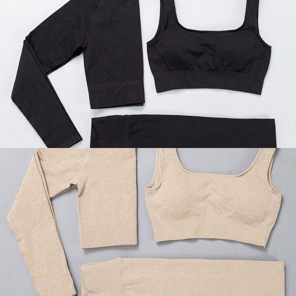 

seamless yoga set women knitted ribbed fast dry workout sportswear gym clothing fitness long sleeve crop high waist leggings c0122, Black;white