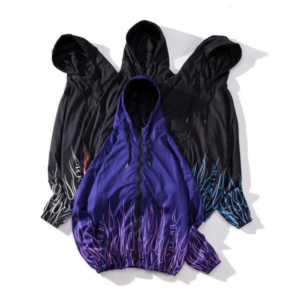 

street flame printed hooded windbreaker for men and women, Tan;black