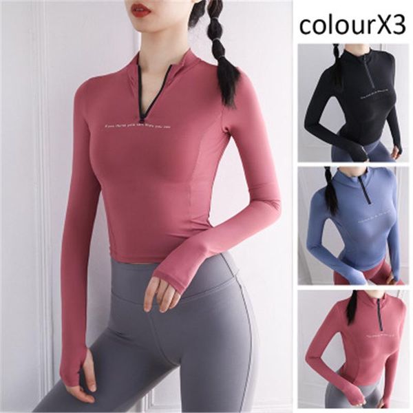 

t-shirt fashion trend long sleeve round neck sports skinny female new slim fitness running zipper tshirt women seamless yoga, White