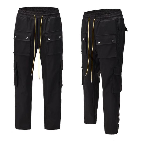 

high street rhude same multi pocket button overalls fashion brand men's and women's casual loose straight pants, Black