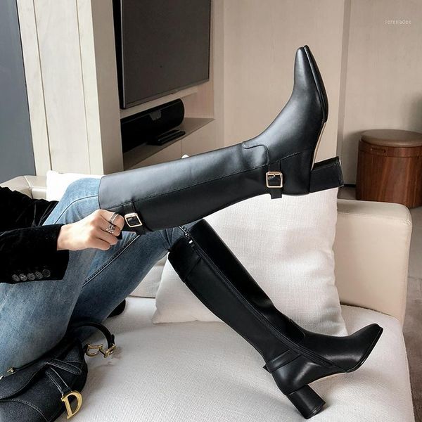 

2021 autumn winter genuine leather shoes woman side zipper high heels knee high boots party casual shoes woman1, Black