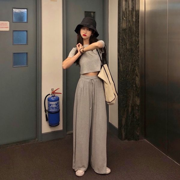 

oozbh 2020 t-shirt new summer style pant suit pantswide korean leg pantsversatile internet celebrity tight slimming solid color korean pants, Gray
