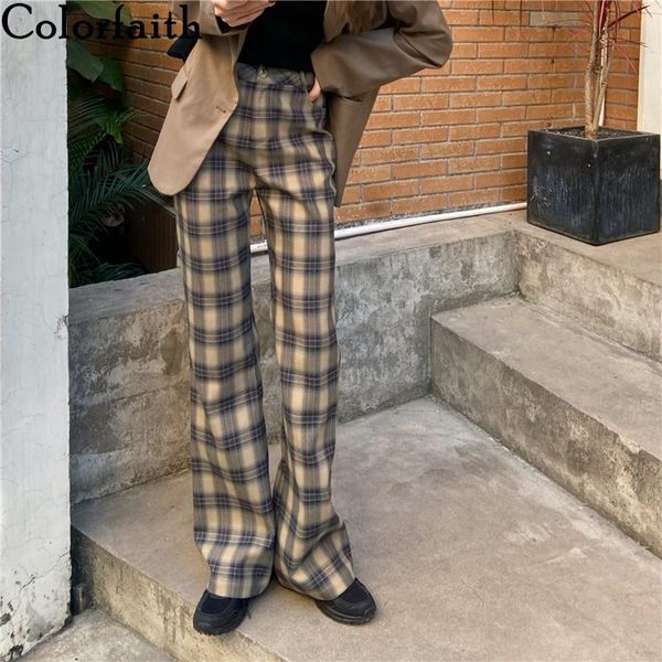 

women's pants & capris colorfaith 2021 autumn winter women checkered plaid fashionable vintage wild lady wide leg ankle-length trousers, Black;white