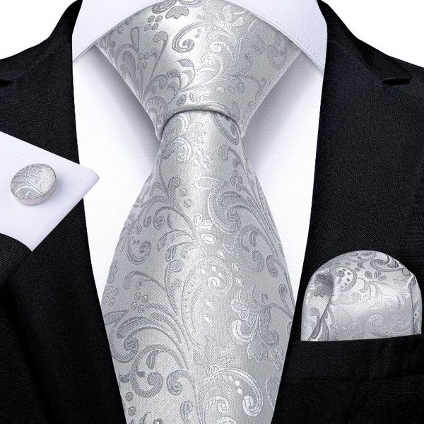 

bow ties dibangu men necktie white silver pasiley designer silk wedding tie for hanky cufflink set business party mj-1169, Black;gray