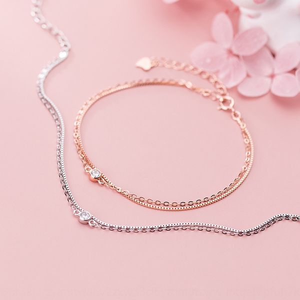 

eloge s925 silver bracelet female japanese and korean style simple bracelet diamond double layer single diamond box chain girl's heart, Golden;silver