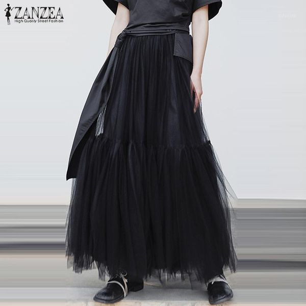 

fashion mesh skirts women's summer ruffle sundress zanzea 2020 casual high waist long vestidos female solid robe plus size 5xl1, Black