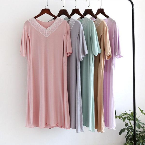 

summer short sleeve maternity night dress modal postpartum breastfeeding lactation lace dress pregnant women night gown1, White