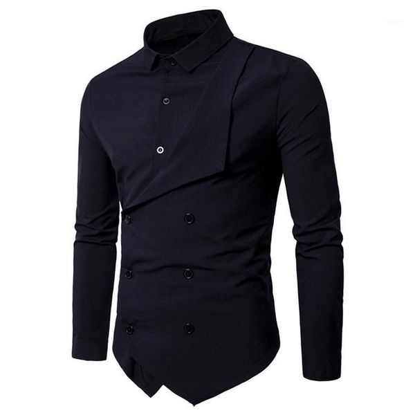 

men luxury dress blouse new design fake 2 pcs party shirts formal double breasted camisa masculina slim blouses chemise homme1, White;black