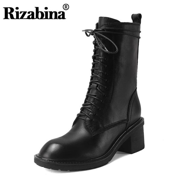 

boots rizabina real leather women half short cross strap thick heel zipper shoes warm party footwear size 34-40, Black