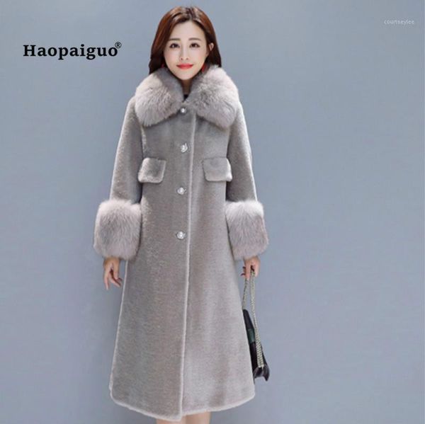 

3xl plus size autumn winter 2020 women cashmere vintage elegant blue gray long sleeve hoodie fur collar plush faux fur long coat1, Black