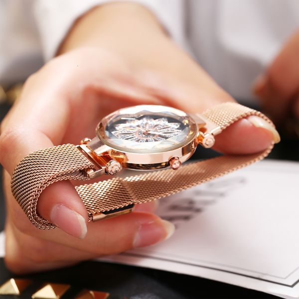 

fashion women flower pattern watch ladies starry sky magnet watches quartz waterproof luminous clock gift for girl, Slivery;brown