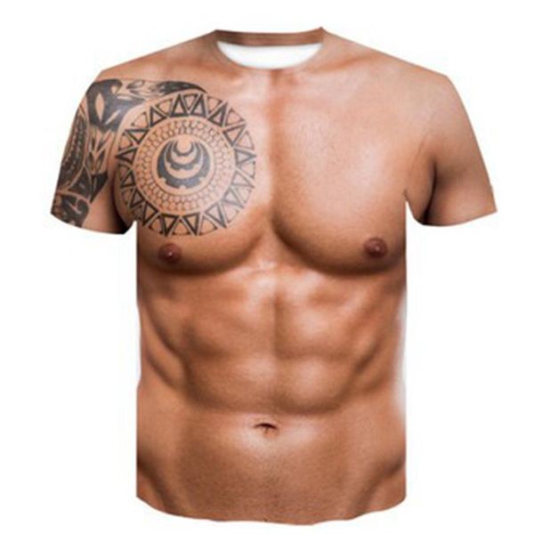 

men's t-shirts trendy short sleeve funny muscle tattoo printing t-shirt fashion muscular hunk three-dimensional digital tee, White;black