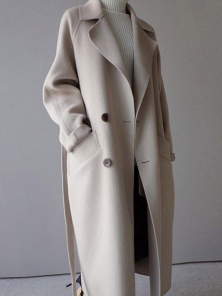 

women's wool & blends long trench coat outwear women winter wide lapel belt pocket blend oversize, Black
