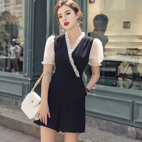 

summer jumpsuit playsuit women kimono style patchwork v-neck ruffles back zipper lantern sleeve wide leg overalls rompers s94793 t200704, Black;white