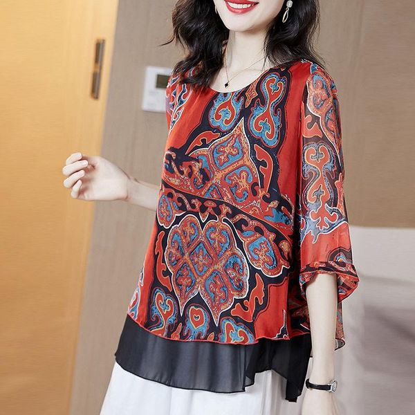 

women's blouses & shirts women spring summer style chiffon lady casual short flare sleeve striped printed blusas df3714, White