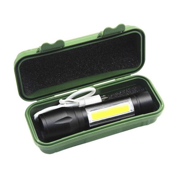 

mini usb rechargeable cob flashlight adjutable zoom aluminium alloy cree q5 torch lamp 3w built in battery flashlights lights with gift box