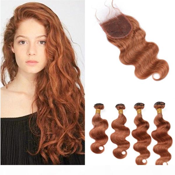 

medium auburn peruvian wavy human hair 4bundles and closure #30 light brown virgin hair lace closure with body wave auburn weave bundles, Black;brown