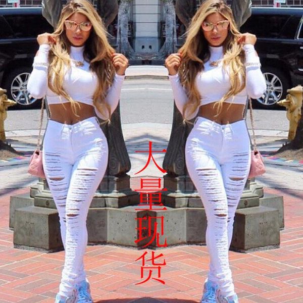 

new european and american foreign hole 2020 autumn and winter jeans women's pants small leg pants elastic pencil, Blue