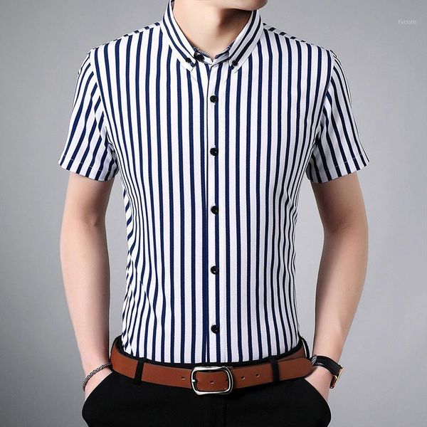 

male striped printed shirt 2020 summer new business casual dress men's short sleeve shirts fashion man social shirt homme uomo1, White;black