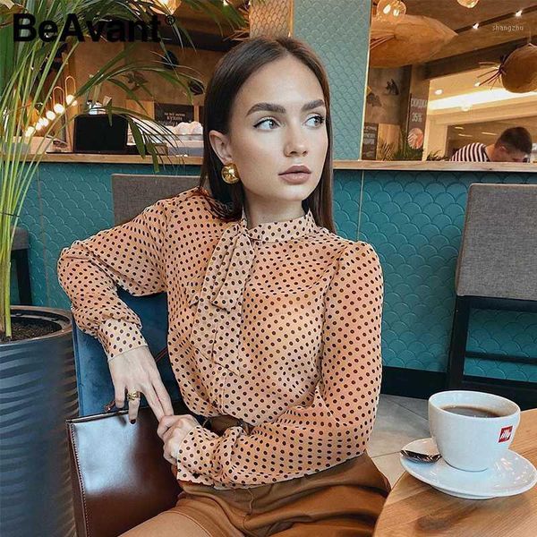 

beavant polka dot ladies blouses spring long sleeve neck tie chiffon blouse shirts elegant women 2020 casual blusa chic1, White