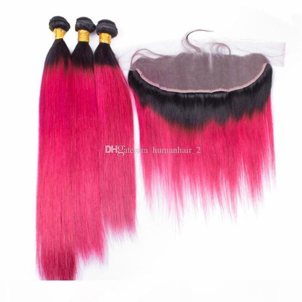 

red brazilian virgin human hair ear to ear 13*4 lace frontal with 3pcs straight red hair bundles for black women, Black;brown