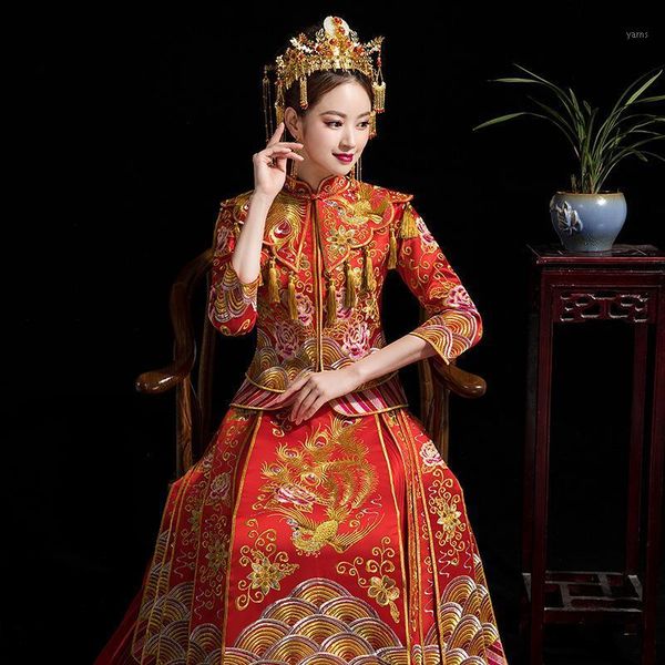 

long sleeve cheongsam chinese wedding dress qipao traditional clothing + skirt suit set la robe de mariage de style chinois1, Red