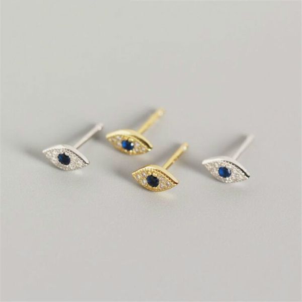 

februaryfrost brand designer seller 100% 925 sterling silver mini zircon blue eyes evil eyes small stud earrings for women, Golden;silver