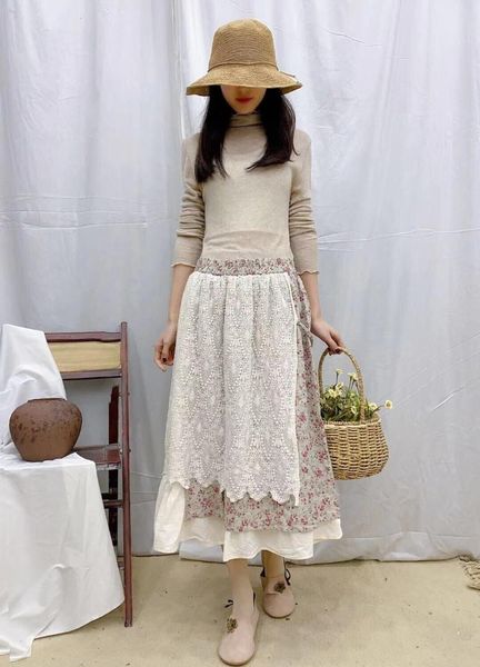 

skirts 2021 retro art embroidery floral splicing elastic waist high loose cotton and linen skirt, Black