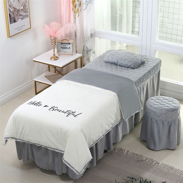 4-6pcs Beautiful Beauty Salon Conjuntos de Cama de Massagem Use Coral Velvet Bordado Duveta Capa Cama Skirt Folha de Quilt #s 201210