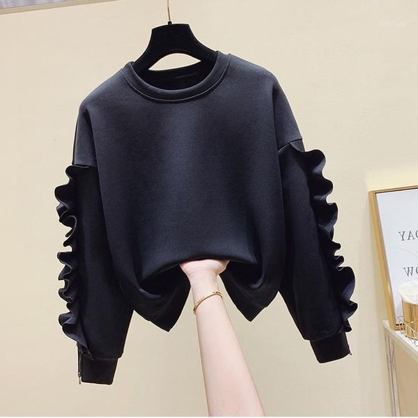 

solid space cotton o neck sweatshirt women loose autumn and winter 2020 new fashion, Black
