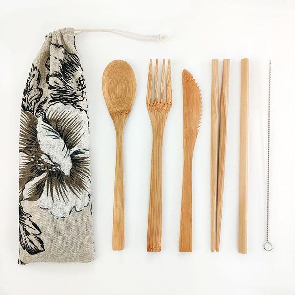 

flatware sets 6pcs reusable bamboo wood cutlery set eco-friendly travel wooden natural cotton tableware1