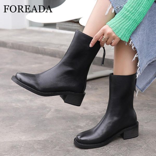 

foreada med heel woman boots natural genuine leather ankle boots chunky heel shoes zipper ladies short autumn winter black
