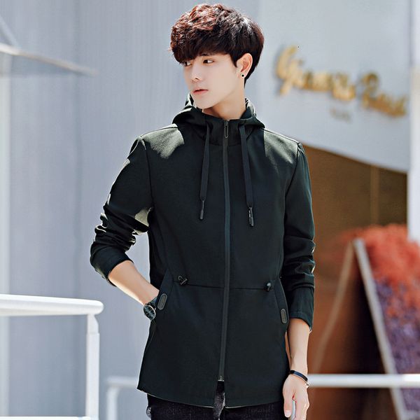 

2019 spring and autumn korean version medium length windbreaker hooded jacket slim fit fashion men's wear, Tan;black