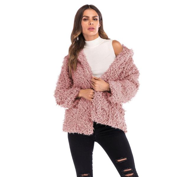 

plush coat solid color fleece warm thick hooded loose coat winter women casual outerwear, Black