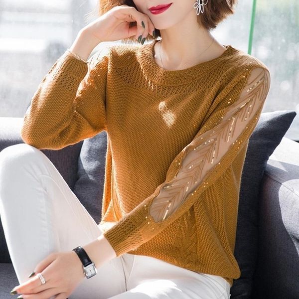 

hollow mesh gauze thin knitted sweater female round neck loose long sleeve fashion long sleeve jumpers women summer cool 201130, White;black