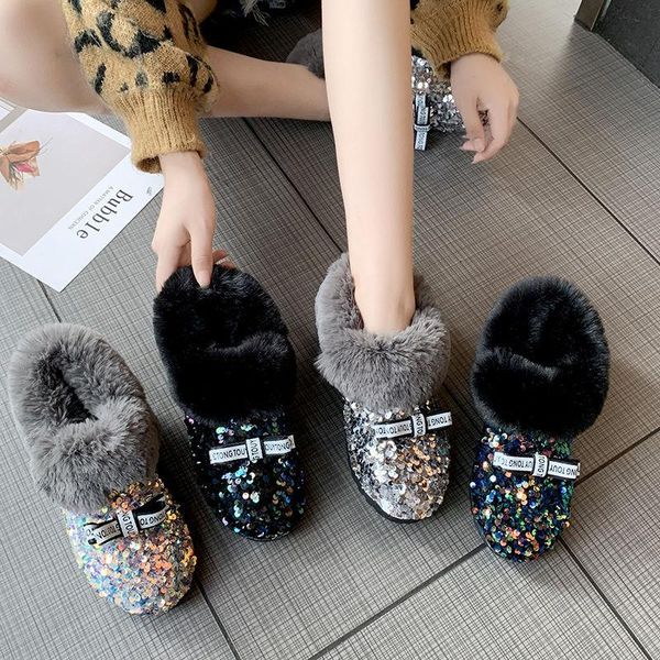 

2020 new winter women bling snow boots female sweet colorful sequins plush warm cotton boots student non-slip short 36-41, Black