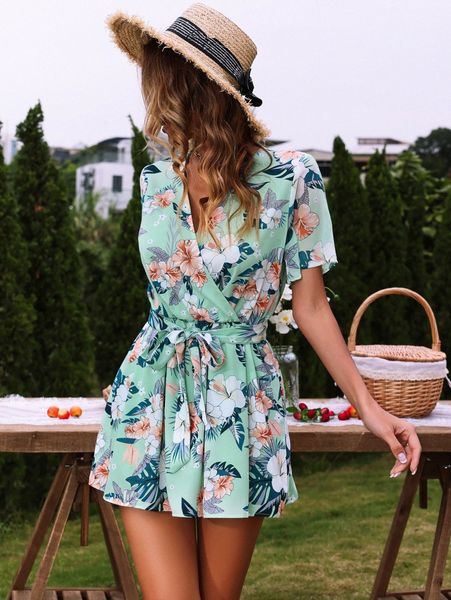 

floral print surplice neck belted romper f2ok#, White