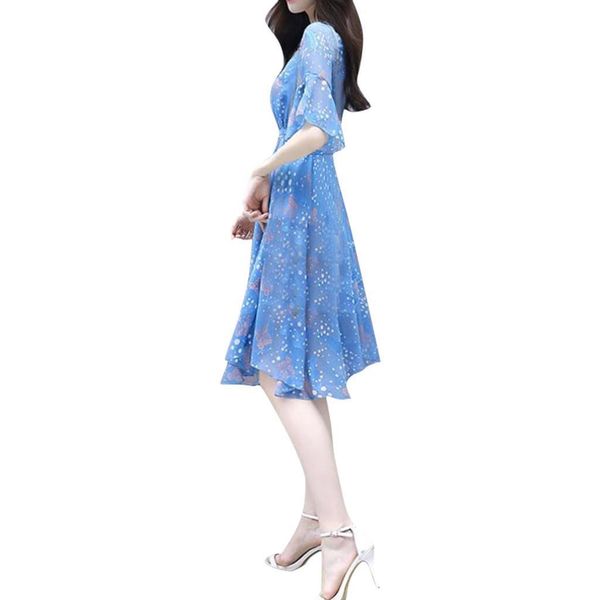 

casual dress for women slim v-neck short sleeve flare sleeve dress printed a-line dress girlish style, Black;gray