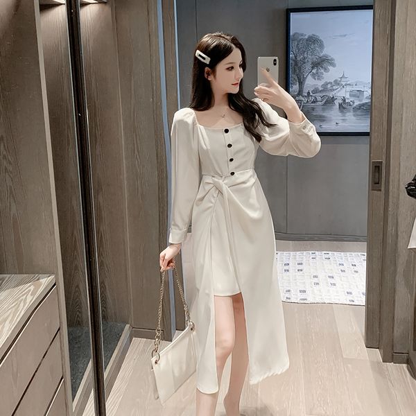 

2020 autumn new french square collar bubble sleeve kink split long sleeve for dress dress women di1rr, Black;gray