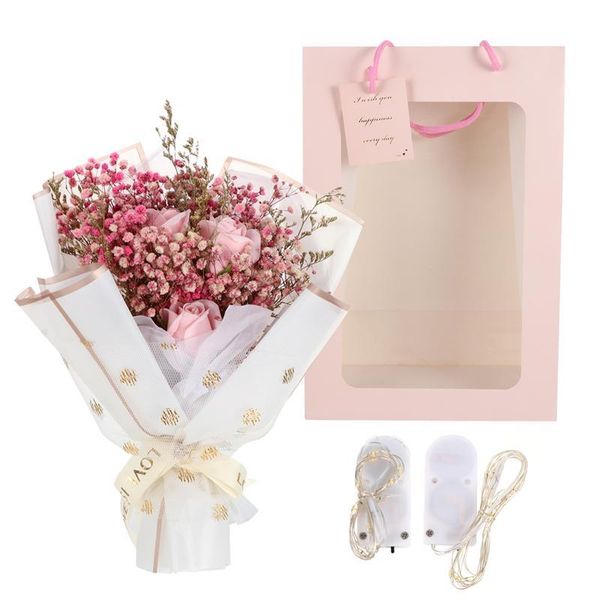 

1 set artificial dry gypsophila soap flower bouquet gift box with string light
