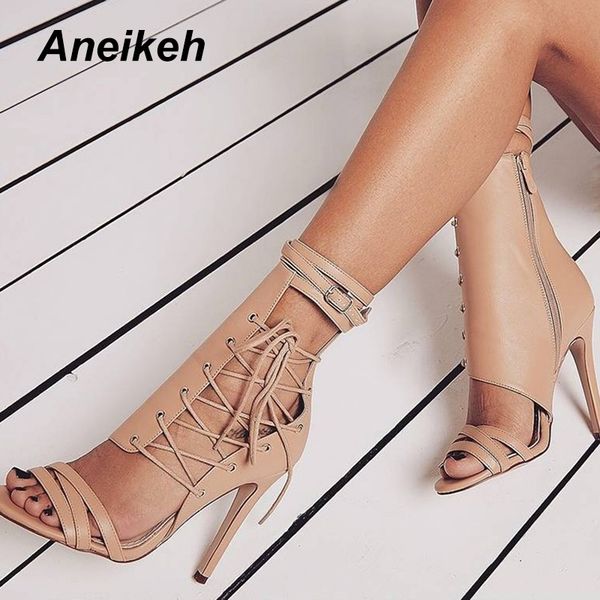

aneikeh roman buckle strap shoes women gladiator lace up peep toe sandals high heels woman ankle boots black aprict y200405
