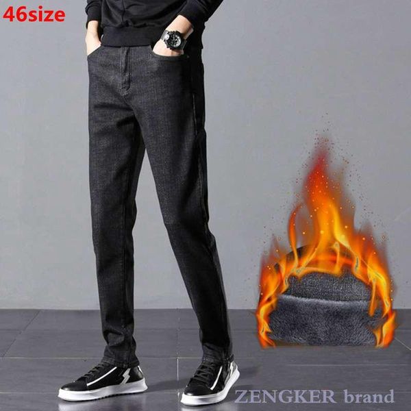 

black pants men's winter plus velvet thickening to keep warm men's jeans straight plus size pants men jeans size 42, Blue