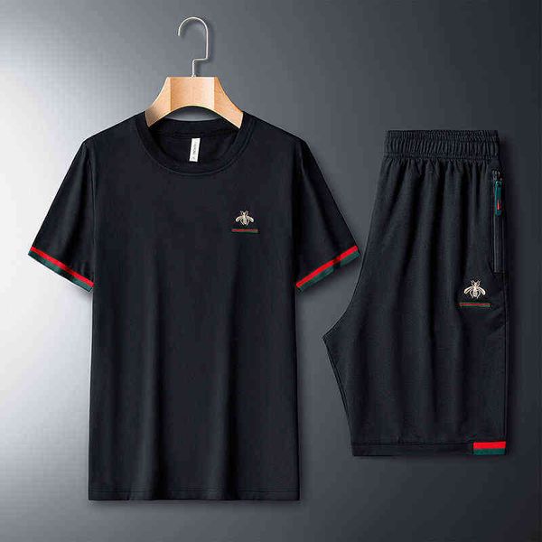 2021 Yeni Işlemeli Arı T-shirt Kısa Kollu Moda Rahat Pantolon İki Parçalı Yaz Kısa Kollu Spor Takım Elbise Erkekler G1222