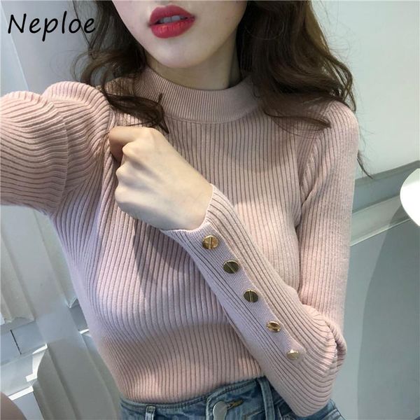 

neploe autumn winter fashion half-high collar sweaters new korean style slim fit knitted pullovers chic button all-match coat, White;black