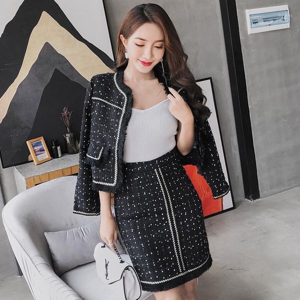 

elegant ladies office party 2 pcs set women skirt sets 2018 autumn winter brand tassel tweed woolen jacket and skirt suit set1, Gray