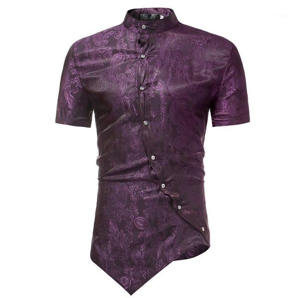 

paisley shirt 2020 personality oblique button irregular men casual dress shirt slim fit short sleeve mandarin collar male shirts1, White;black