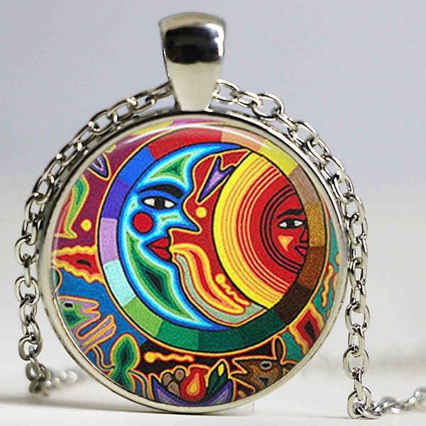 

sun and moon necklace celestial jewelry mayan jewelry glass tile, Silver