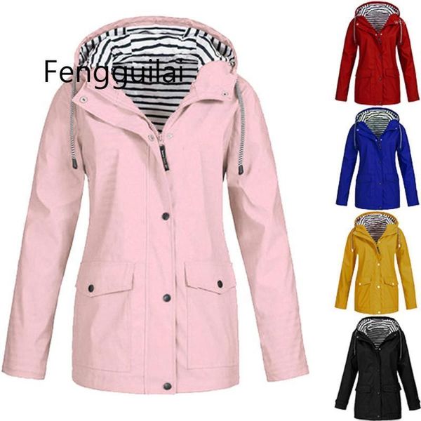 

2020 spring women solid rain jacket outdoor plus waterproof hooded raincoat windproof regular zipper coat 3.11, Black;brown