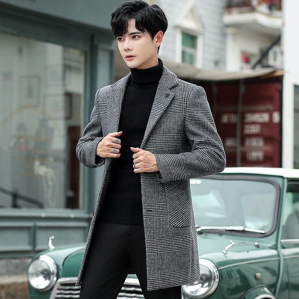

men's wool & blends autumn and winter men's plaid coat handmade medium length large size slim woolen youth wool1, Black