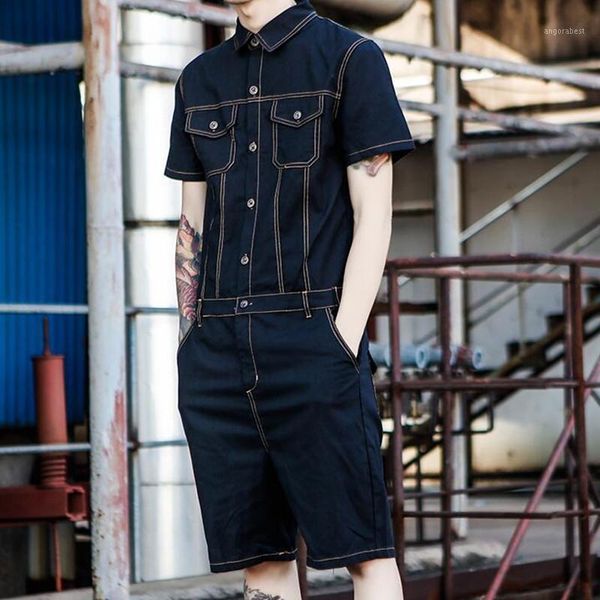 

jeans jumpsuit men summer short sleeve one piece overalls mens denim jumpsuits playsuits rompers casual outfit male clothes1, Blue